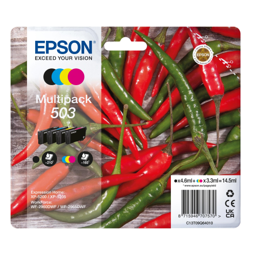 EPSON 503 MULTIPACK CONFEZIONE DA 4 CARTUCCCE INK NERO GIALLO CIANO MAGENTA PER Expression Home XP-5200, XP-5205; WorkForce WF-2960DWF, WF-2965DWF BLISTER CON ALLARME